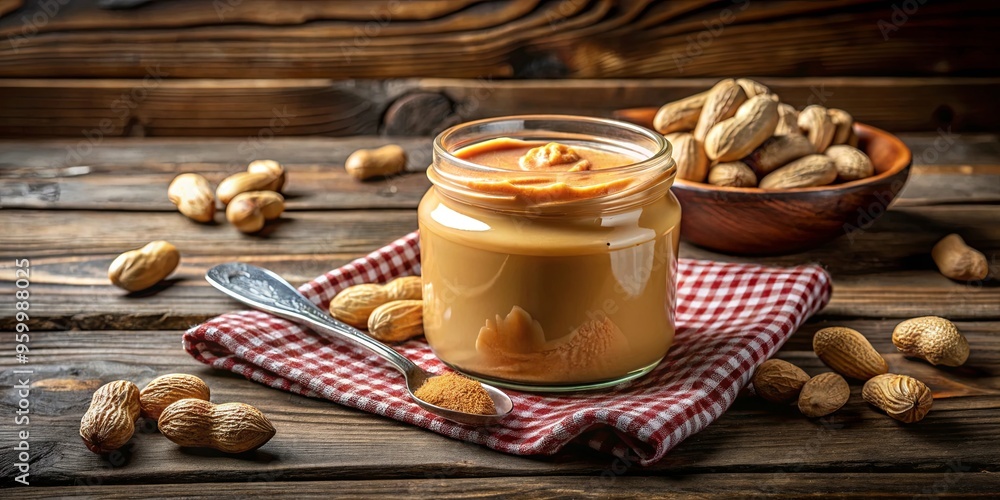 A jar of creamy peanut butter on a rustic wooden table A jar of creamy peanut butter on a rustic wooden table