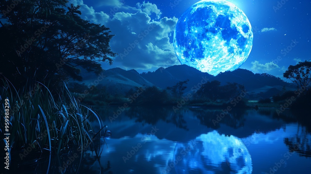 Stunning Blue Moon over a serene lake reflecting its rare glow on the waters surface Stunning Blue Moon over a serene lake reflecting its rare glow on the waters surface