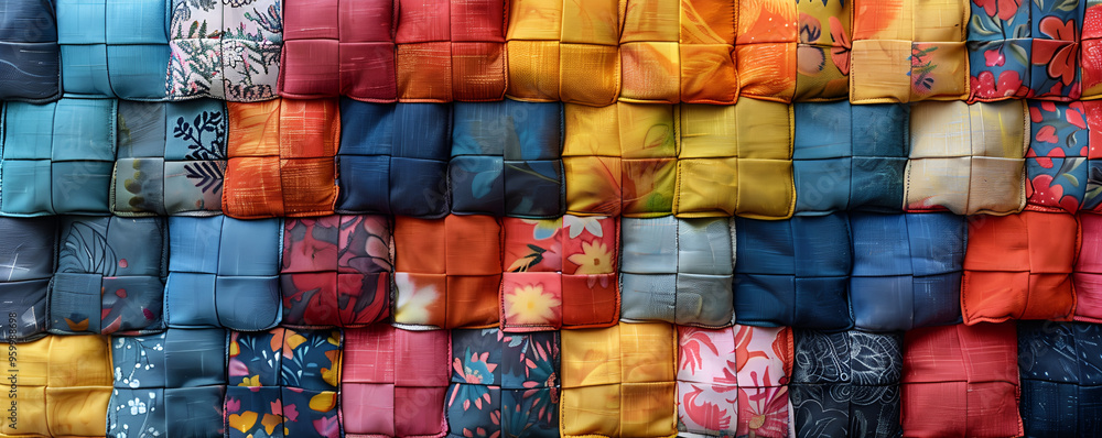 The fabrics are arranged in a grid-like pattern, with each fabric having a unique design and color. The fabrics are arranged in a grid-like pattern, with each fabric having a unique design and color.