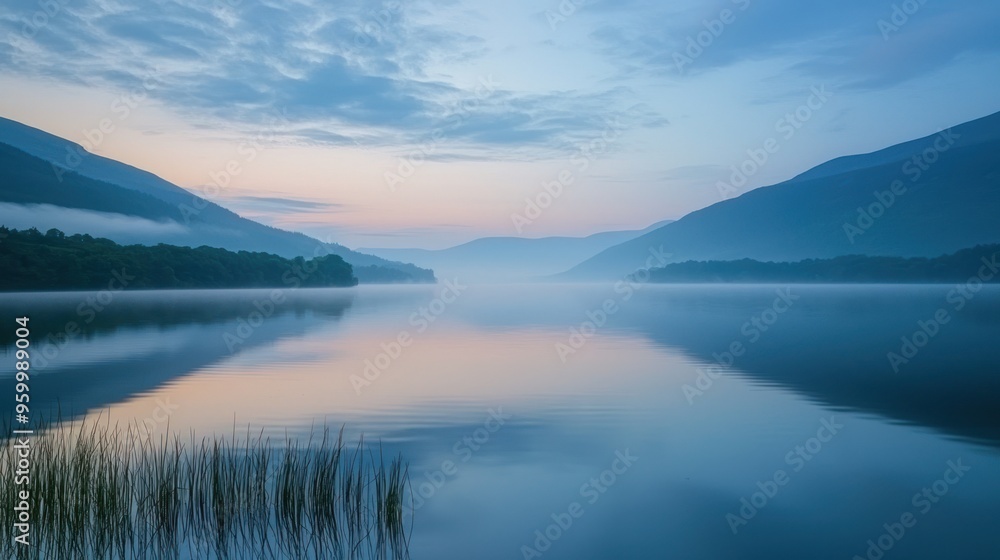 A serene lake at dawn with still water reflecting the surrounding mountains. A serene lake at dawn with still water reflecting the surrounding mountains.