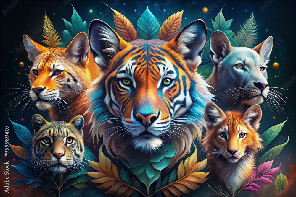Animal illustration package with custom elements, abstract moods, mix of realistic and stylized animal features, and concept of flexibility and adaptability. Animal illustration package with custom elements, abstract moods, mix of realistic and stylized animal features, and concept of flexibility and adaptability.