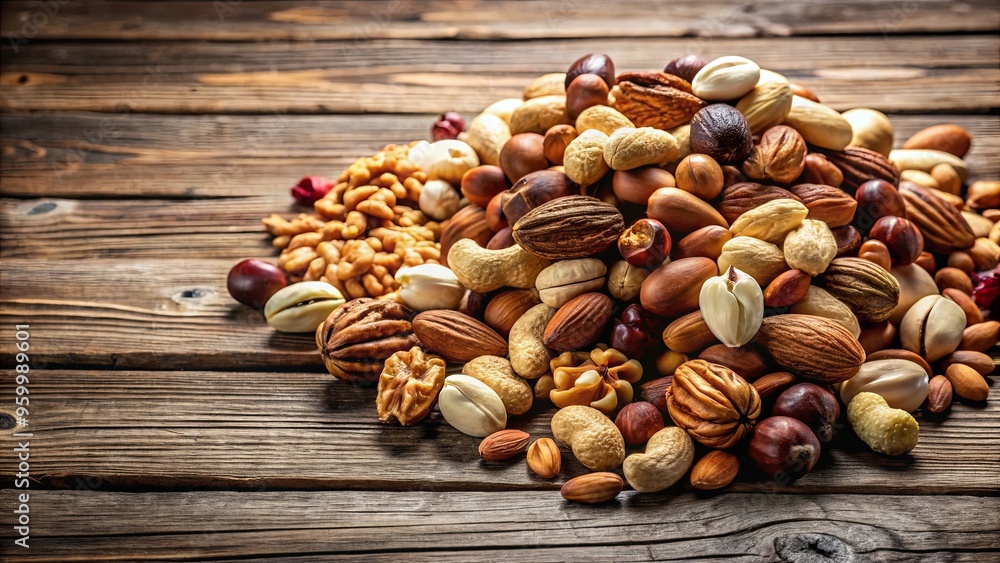 Close-up shot of assorted stacked nuts on a wooden table Close-up shot of assorted stacked nuts on a wooden table