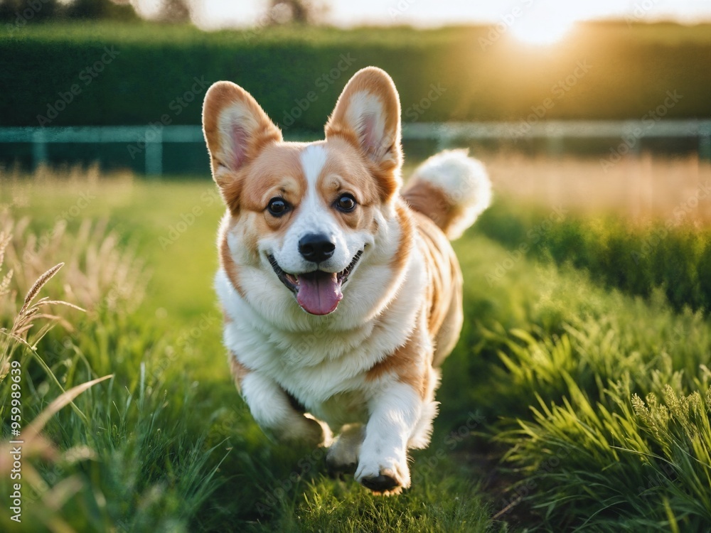 A dog running in green field under sunlight with happiness look. A dog running in green field under sunlight with happiness look.