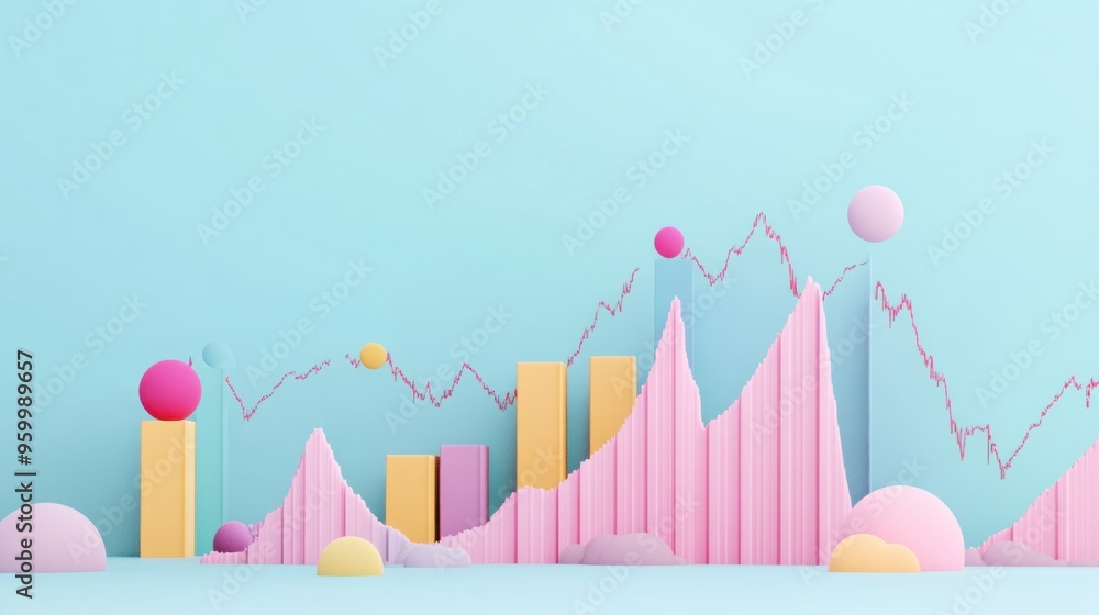 Abstract 3D Illustration of Pink, Yellow, and Blue Geometric Shapes representing Business Growth Abstract 3D Illustration of Pink, Yellow, and Blue Geometric Shapes representing Business Growth