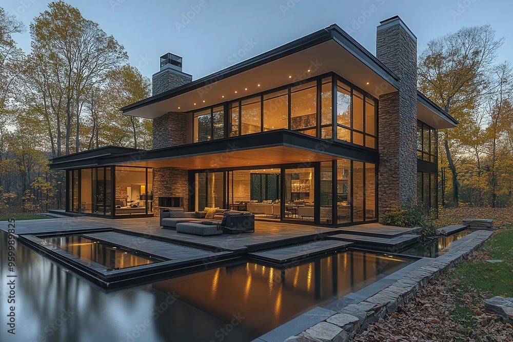 Fototapeta premium modern luxury home with floortoceiling windows sleek interior design and panoramic nature views embodying spacious comfort