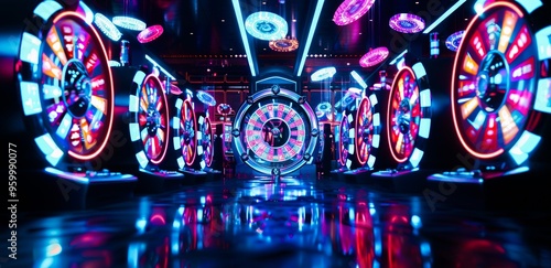 A dazzling array of slot machines and a giant roulette wheel illuminate a vibrant casino floor. photo