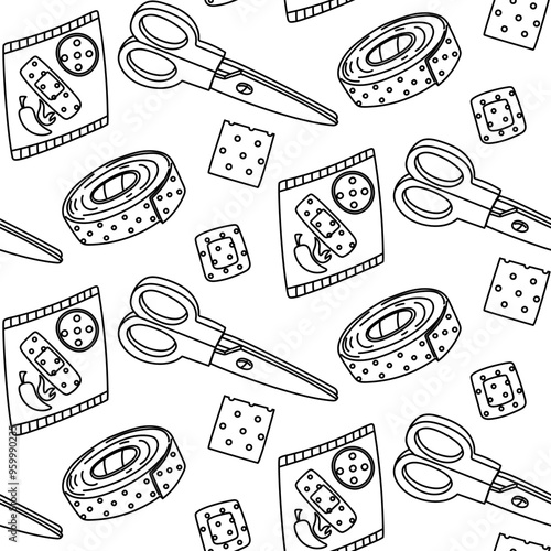 The pattern of contour patches is a roll, a piece, a pack of adhesive tape, scissors. Elements with a breathable surface. Seamless texture to cover scratches. A strip of fabric is cut with scissors