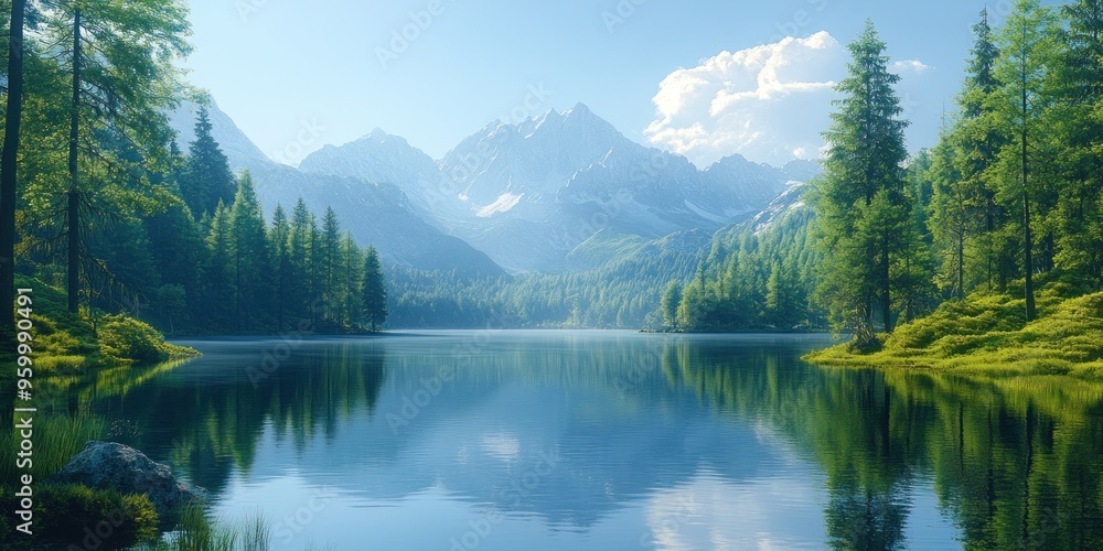 Fototapeta premium Tranquil Mountain Lake with Pine Trees and Reflections