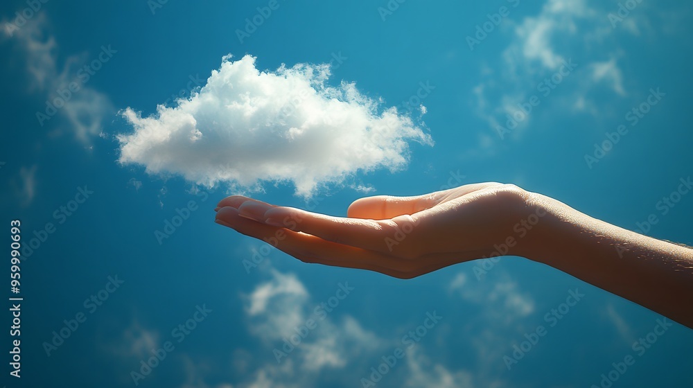 Outstretched hand presenting a soft white cloud in a clear blue sky Outstretched hand presenting a soft white cloud in a clear blue sky