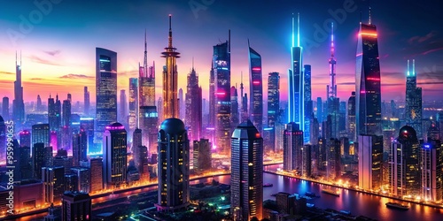 Wallpaper Mural Futuristic cityscape with vibrant neon lights illuminating the skyline at dusk Torontodigital.ca