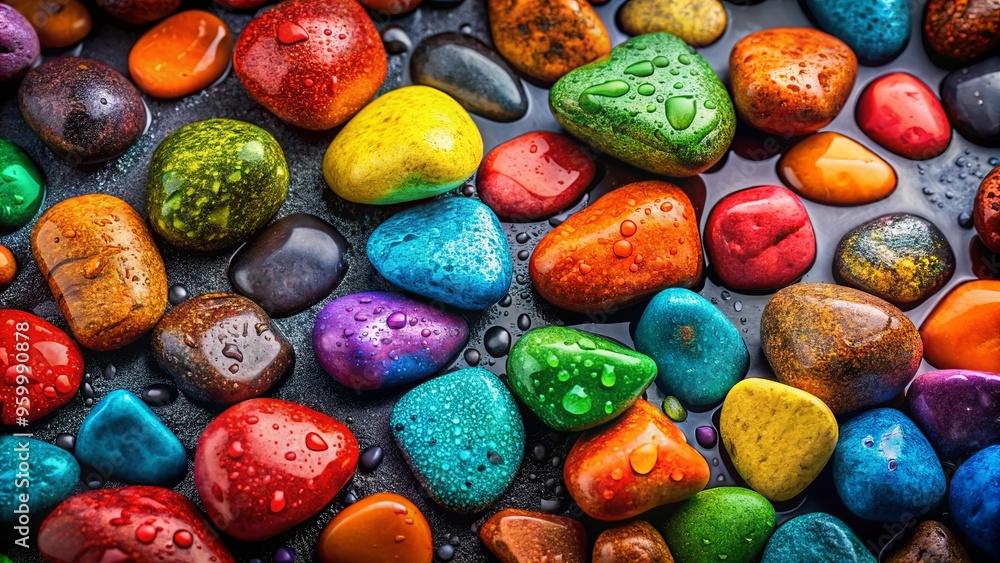 Vibrant multicolored rocks on dark surface covered in water droplets Vibrant multicolored rocks on dark surface covered in water droplets