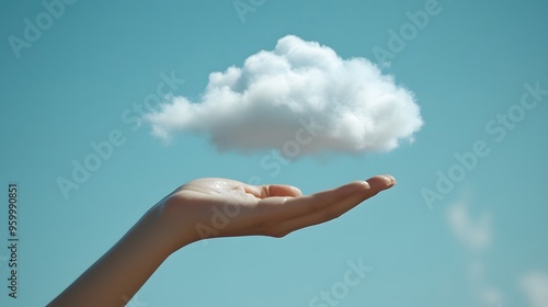 Hand balancing a soft white cloud in a calm blue sky