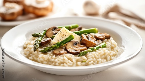 A creamy risotto is elegantly garnished with sautéed mushrooms and fresh asparagus. This gluten-free and vegan dish is perfect for health-conscious diners at any gathering