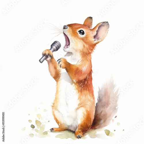 Baby Eichhörnchen singt Karaoke mit Mikrofon und offenem Mund