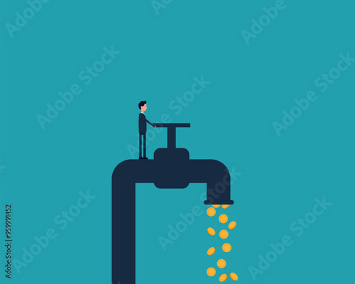Investor opening water tap to let coin money flowing out