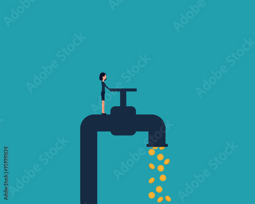 Investor opening water tap to let coin money flowing out