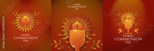 Beautiful Red and Gold World Communion Day Greeting Card Posters. Communion Bread dipped in the cup of wine framed by elegant metallic rays of a ostensorium. Elegant religious designs. Vector.