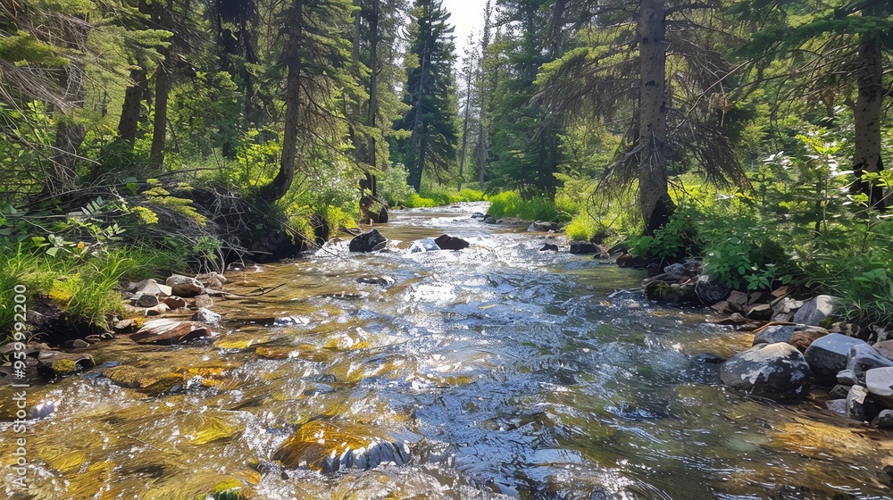 Obraz premium A stream flows through a forest.