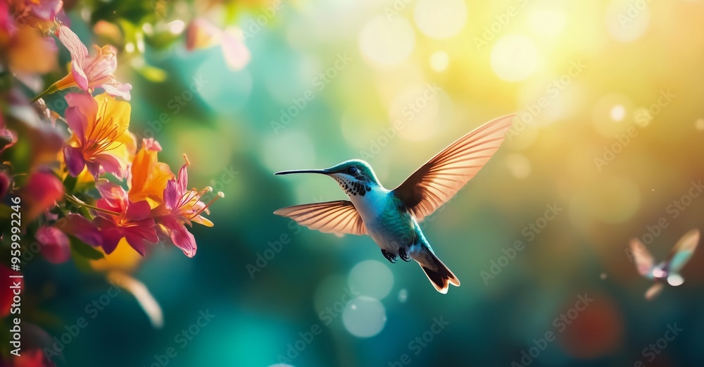 A vibrant hummingbird hovers near a colorful flower, its wings a blur of motion in the sunlight. A vibrant hummingbird hovers near a colorful flower, its wings a blur of motion in the sunlight.