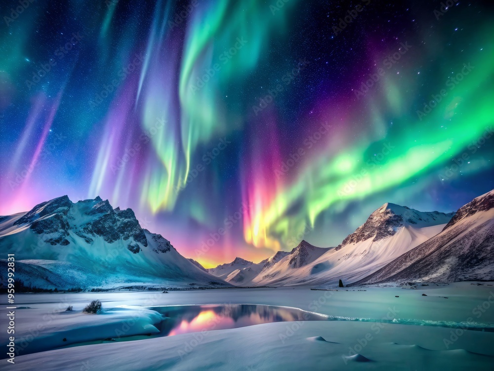 Fototapeta premium Aurora borealis over snowy mountains with soft pastels