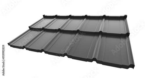 Lightweight galvanised steel roofing sheet isolated on white background. Modular tile effect roof panel. Traditional metal shingle tiles. Popular profiled metallic pantile mimic clay or concrete slate