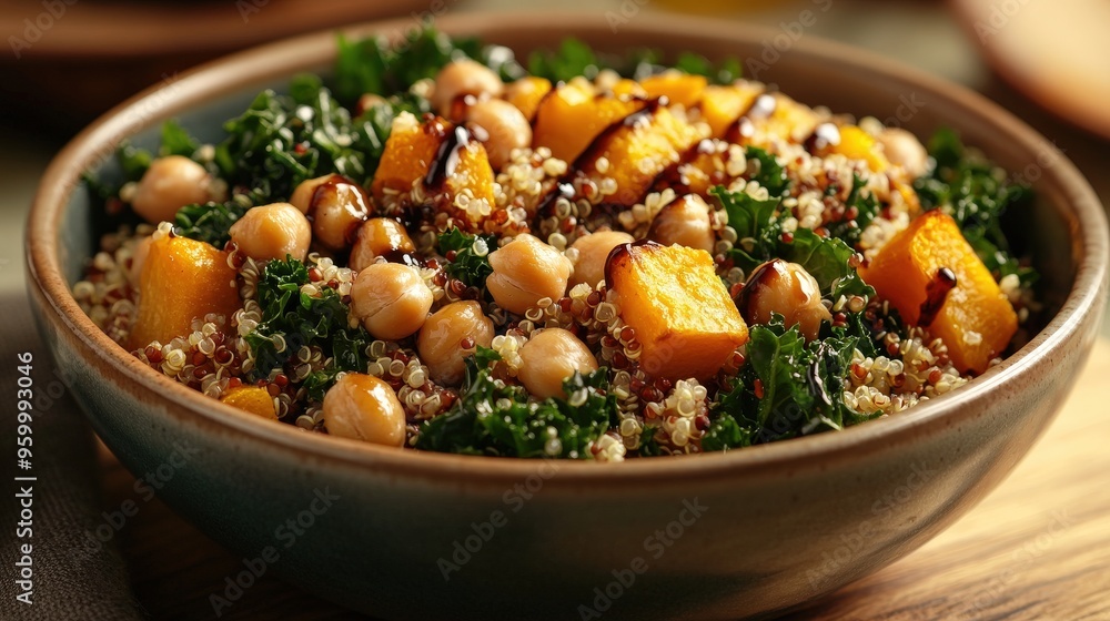 A delicious bowl of roasted quinoa salad mixed with chickpeas and kale, showcasing vibrant colors and textures. Perfect for gluten-free and vegan diets A delicious bowl of roasted quinoa salad mixed with chickpeas and kale, showcasing vibrant colors and textures. Perfect for gluten-free and vegan diets