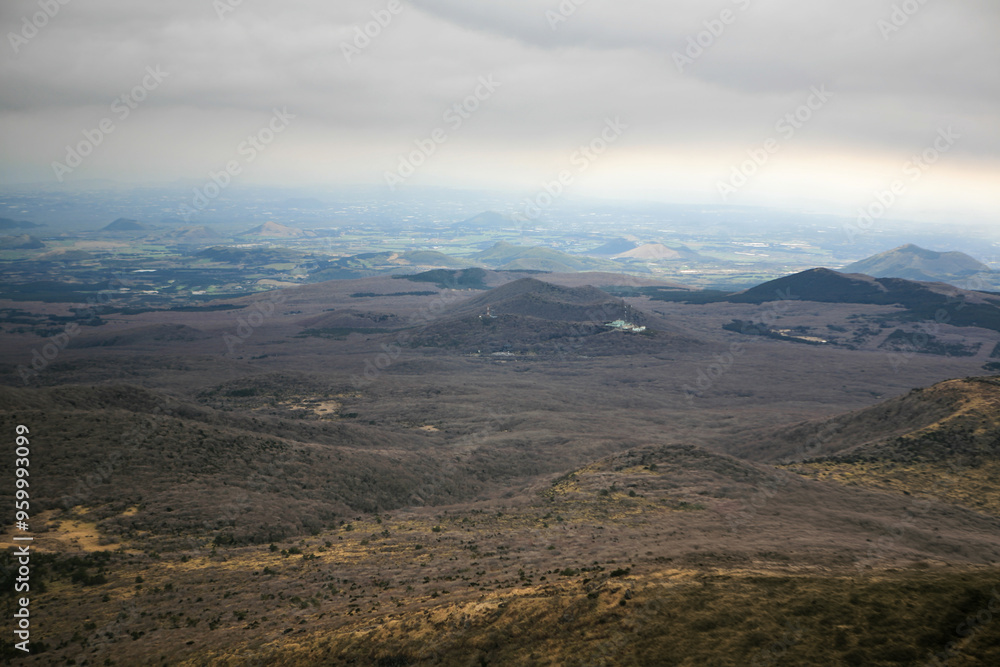 High-angle view of the small volcanoes and craters in Jeju Island High-angle view of the small volcanoes and craters in Jeju Island