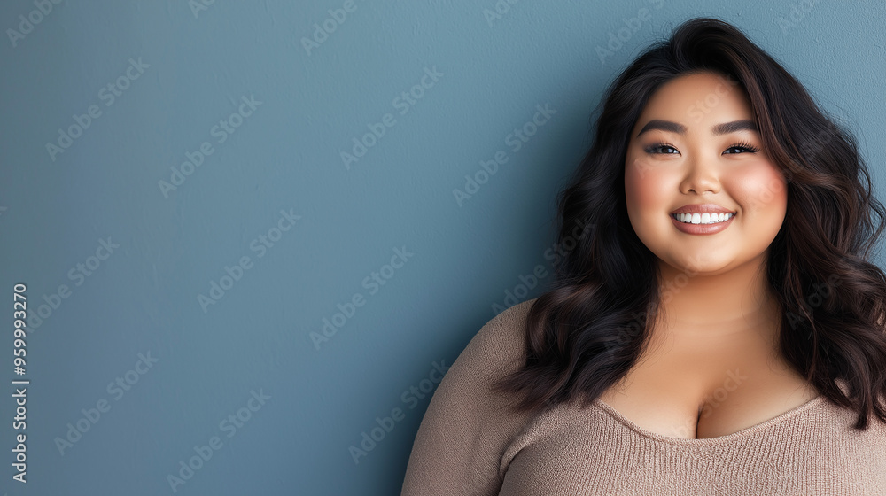 Cheerful young asian woman with curly hair smiling, confident expression, natural beauty, plus-size model, close-up portrait, glowing complexion, healthy skin, vibrant personality, modern lifestyle Cheerful young asian woman with curly hair smiling, confident expression, natural beauty, plus-size model, close-up portrait, glowing complexion, healthy skin, vibrant personality, modern lifestyle