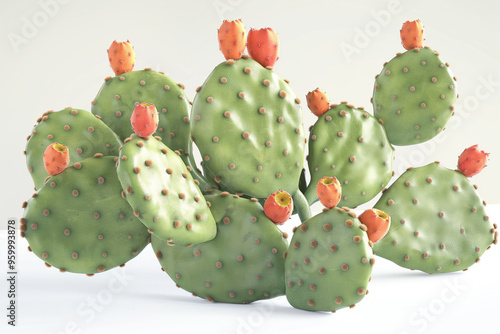 Opuntia cactus isolated on white background, sabres and fruits of Opuntia ficus-indica, Barbary fig, cactus pear, spineless cactus or prickly pear
