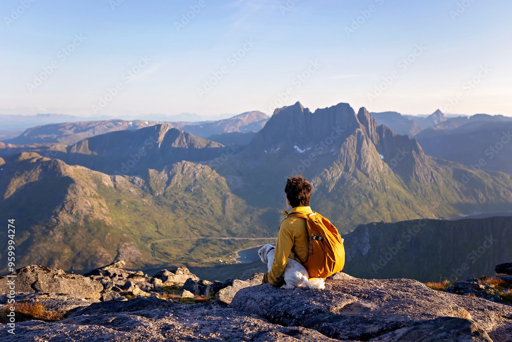 Fototapeta premium Children and adults, family with dog, hiking Grytetippen trail in Senja, Lofoten on a sunny hot summer day