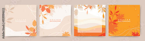 Autumn square backgrounds. Minimalistic style with elements of branches and leaves. Editable vector template for card, banner, invitation, social media post, poster, mobile app, web advertising