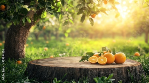 Wooden podium with orange grove background for product display. photo