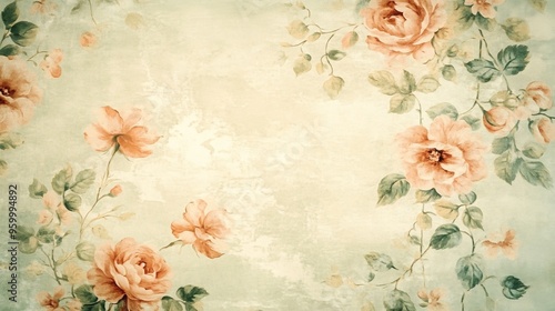 Vintage floral wallpaper with soft peach roses and delicate green leaves on a light, textured background