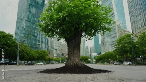 Tree emerging from an urban city Street in the middle of the city. Sustainability concept and environmental topics.