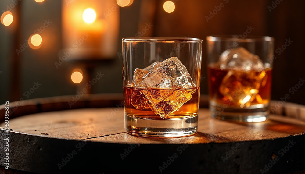 Whiskey glass with ice and a tumbler on a wooden barrel, warm lighting creating a luxurious, inviting atmosphere.
Whiskey glass with ice and a tumbler on a wooden barrel, warm lighting creating a luxurious, inviting atmosphere.