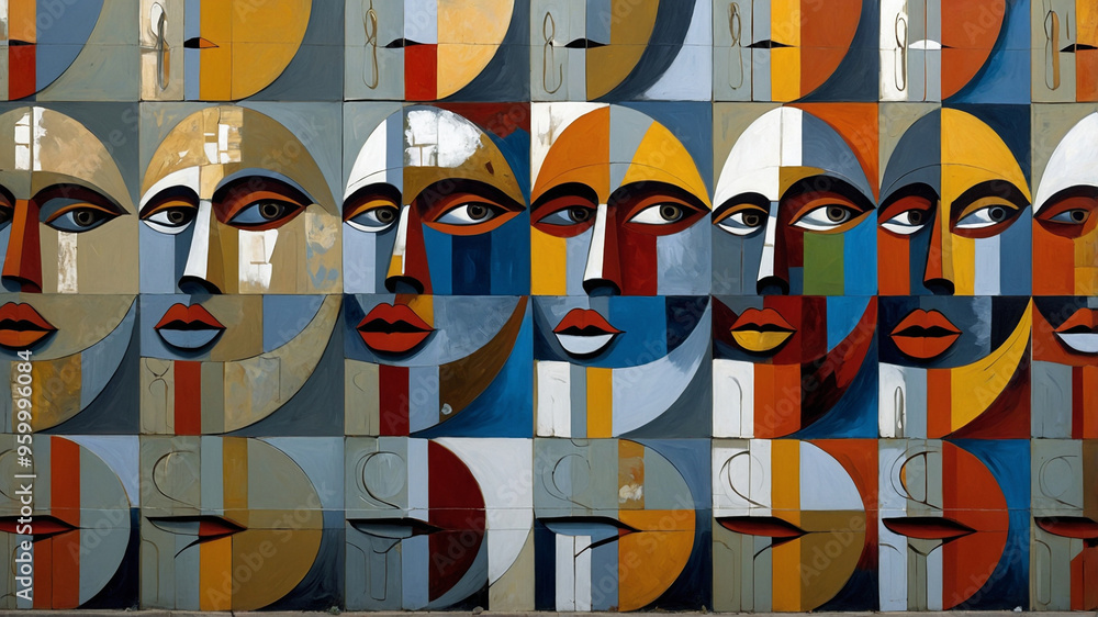 Abstract cubist-inspired scene featuring a series of stylized human figures Abstract cubist-inspired scene featuring a series of stylized human figures