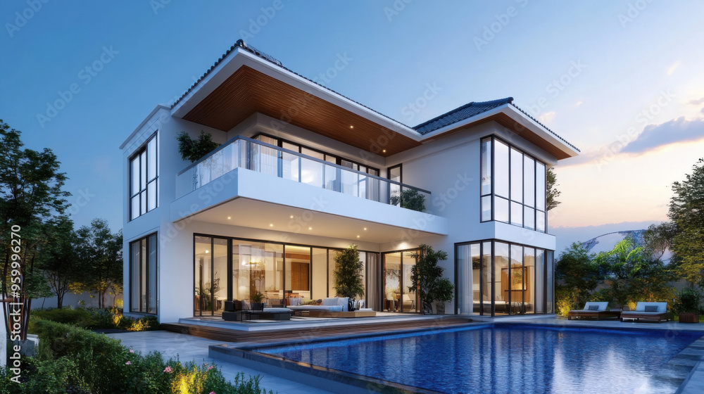 Fototapeta premium Luxurious modern house with a large pool, stylish architecture, and soft evening lighting, creating a serene and elegant outdoor ambiance.