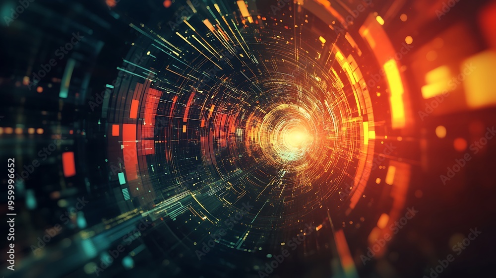 Obraz premium Abstract Digital Tunnel with Orange and Yellow Lights