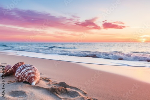 Beautiful sunset over a tranquil beach with seashells resting on the golden sand