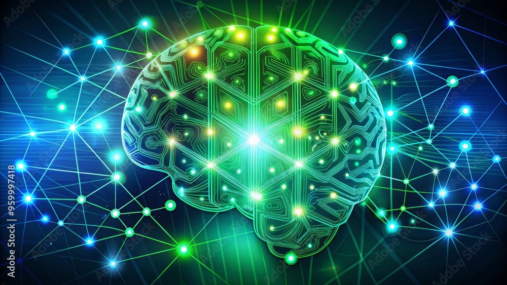 Fototapeta premium Brain diagram vector neural network illustration digital cognitive map illustration blue and green mood futuristic style conceptual abstract vector illustration.