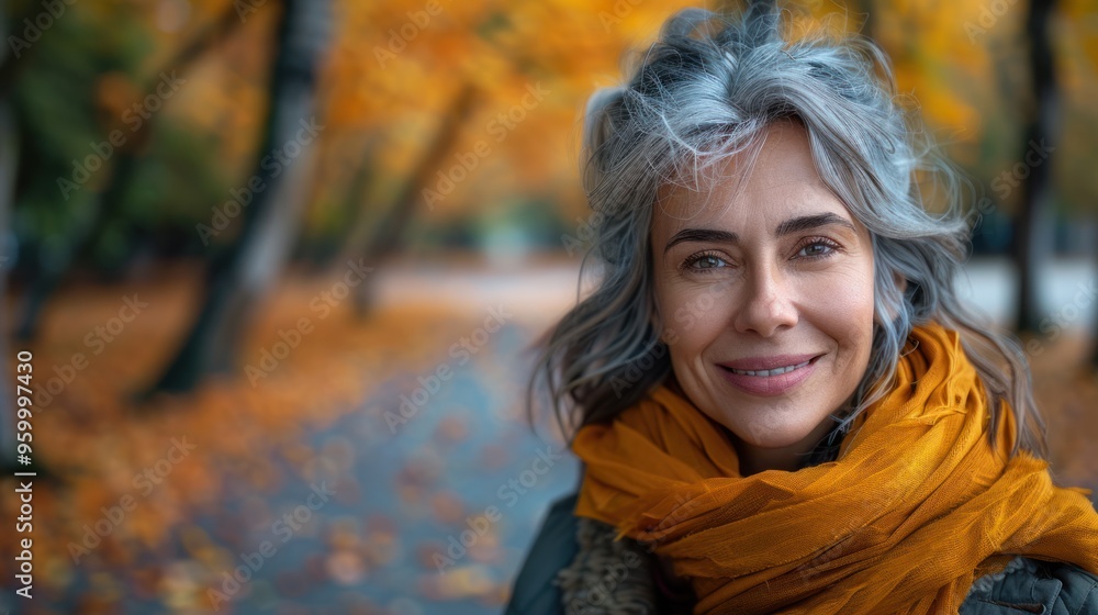 A gray-haired woman smiles at the camera in front of a winding path through a park full of colorful autumn leaves. A gray-haired woman smiles at the camera in front of a winding path through a park full of colorful autumn leaves.