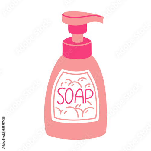 flat bottle with a liquid soap dispenser. Vector illustrations depict soap in a plastic jar. Cleansing against bacteria, germs. Skin care. Pink bottle with washing liquid. Foam pattern on the bottle
