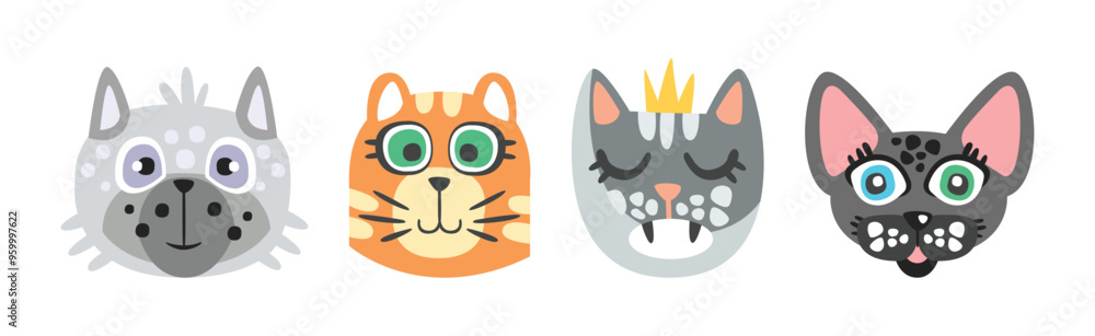 Obraz premium Funny Cat and Dog Muzzle and Smiling Snout Vector Set