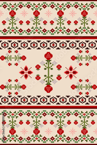 Ikat abstract cross stitch knitting geometric Christmas texture oriental traditional seamless pattern. Ikat pixel decorative Xmas elements design fabric, wallpaper, greeting card, background, print