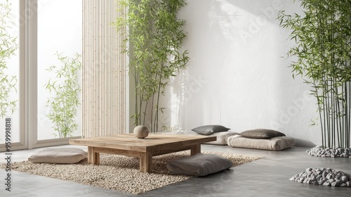 A zen-inspired living room with a low wooden table, bamboo plants, and a meditation area. photo