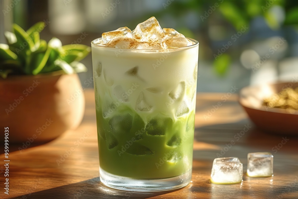refreshing iced matcha latte in clear glass layered green tea gradient topped with frothy milk and ice cubes refreshing iced matcha latte in clear glass layered green tea gradient topped with frothy milk and ice cubes