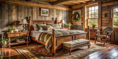 Antique wooden bed frame in a rustic farmhouse bedroom with vintage furniture and cozy textiles