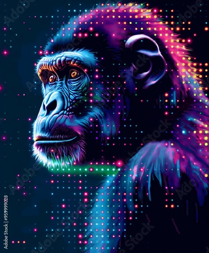 A vibrant T-shirt graphic featuring a colorful ape on a dark background with decorative elements.