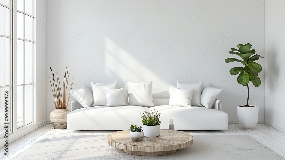 A living room with white walls and furniture, a large window with white curtains, and a couple of plants. A living room with white walls and furniture, a large window with white curtains, and a couple of plants.