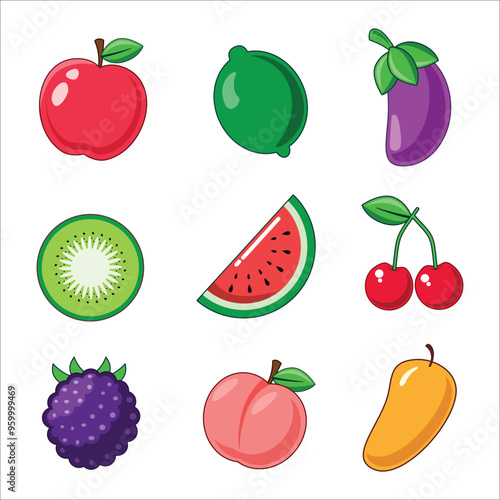 Set of different fruits. Collection of organic vitamins and healthy nutrition. Kiwi, Mulberry, raspberry, mango, Eggplant, Peach, watermelon,
Lemon